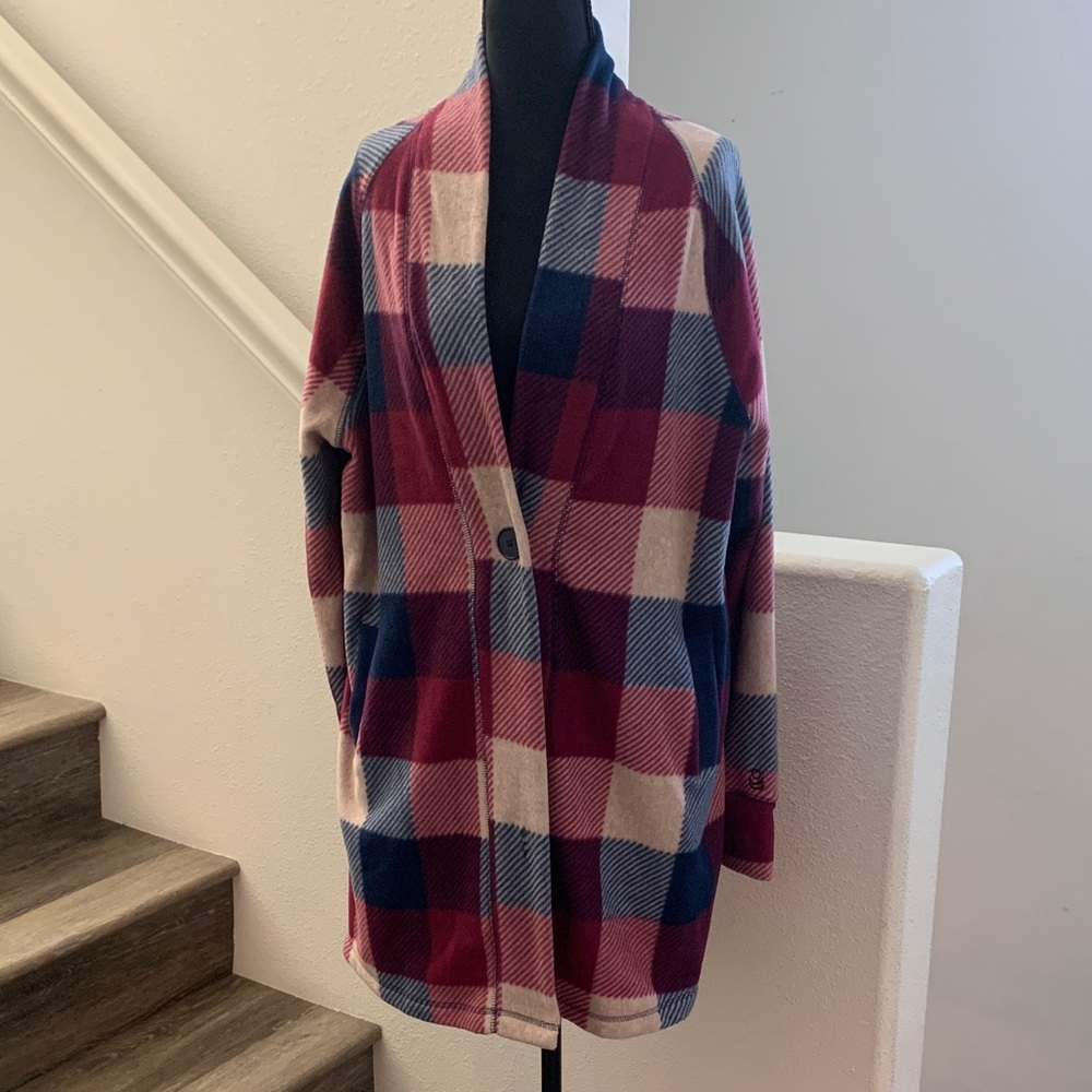 Cuddl Duds Checkered Cardigan in Burgundy, Navy, and Beige